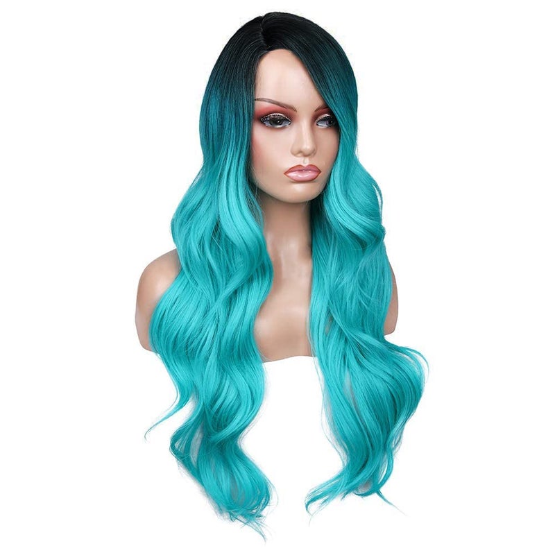 FAVE Ombre Bluish Green Wig Long Wavy Side Part Wigs Heat Resistant Synthetic Hair Teal Blue Mermaid Wigs for Women Teal Wig for Daily & Party Use(Ombre Bluish Green) - Image 3